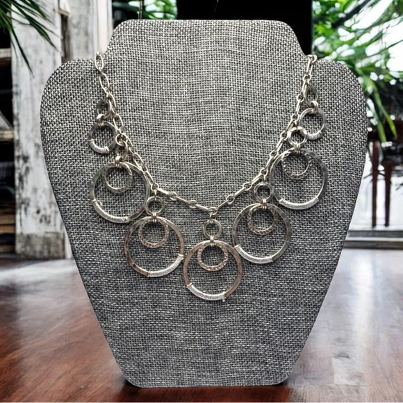 Wrapped Metal Layered Circles Statement Necklace - Boho Vintage Silver-Tone - Picture 1 of 7